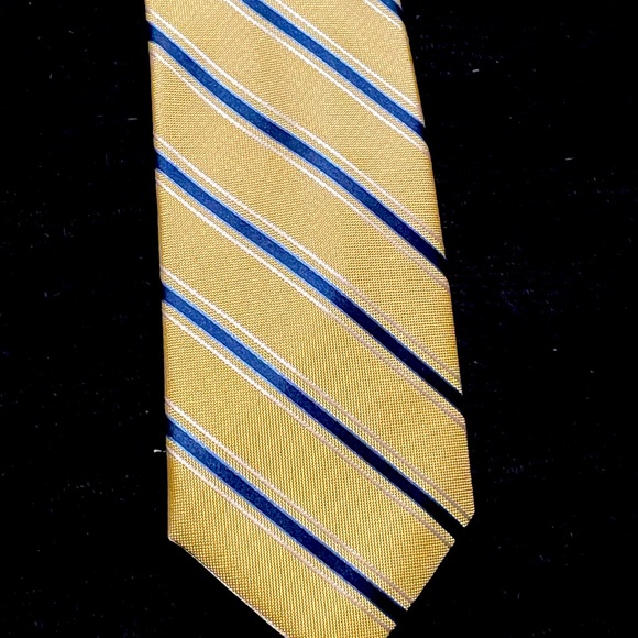 Men’s Club Room Necktie. Yellow with Narrow Blue Strips - Picture 5 of 5